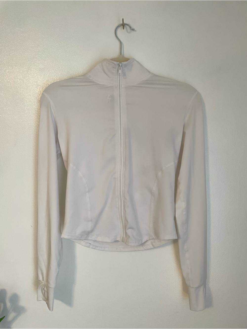 Athletic white fitted zip up collard long sleeve jacket size small
